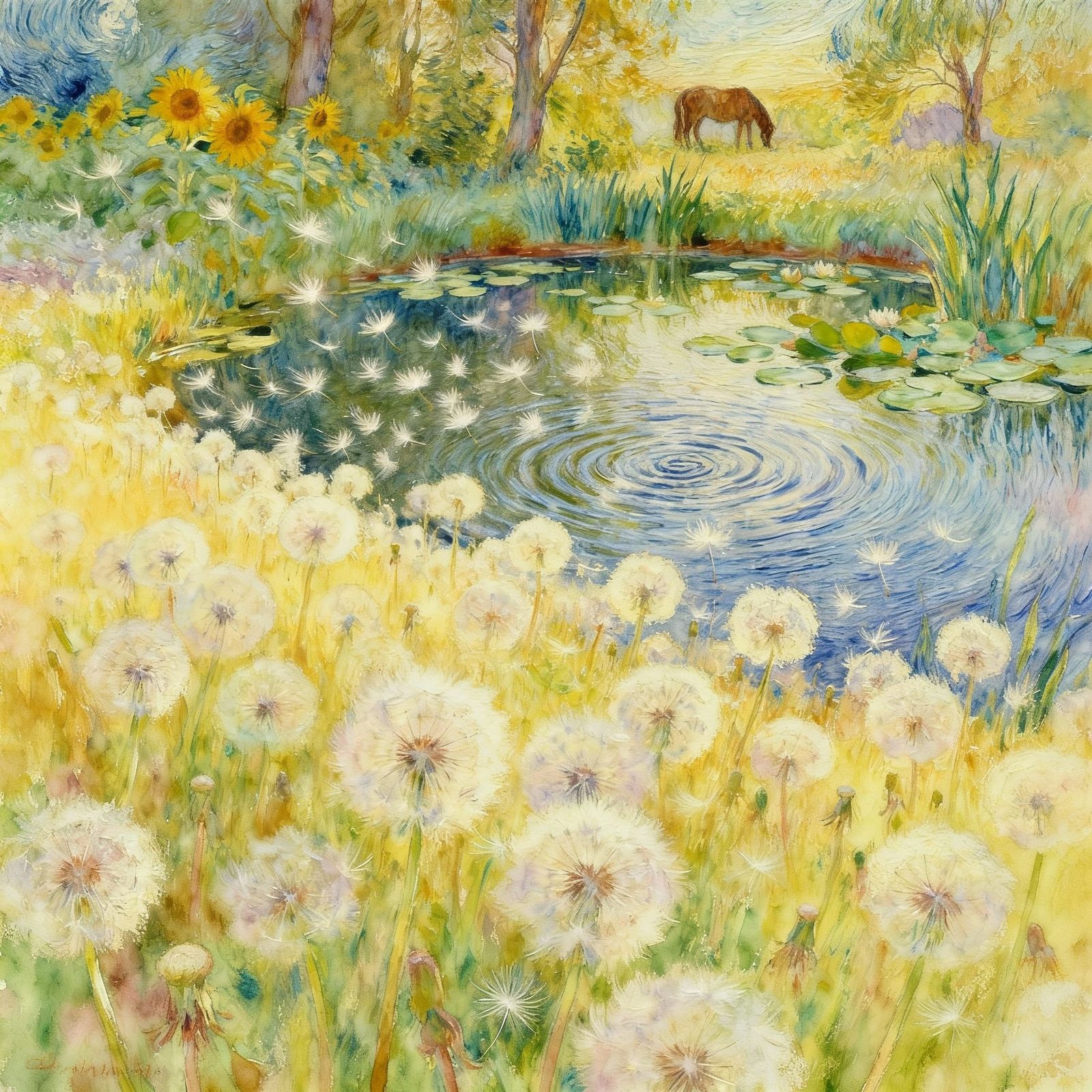 Dandelion Fluff Field and Lily Pond in Impressionist Style