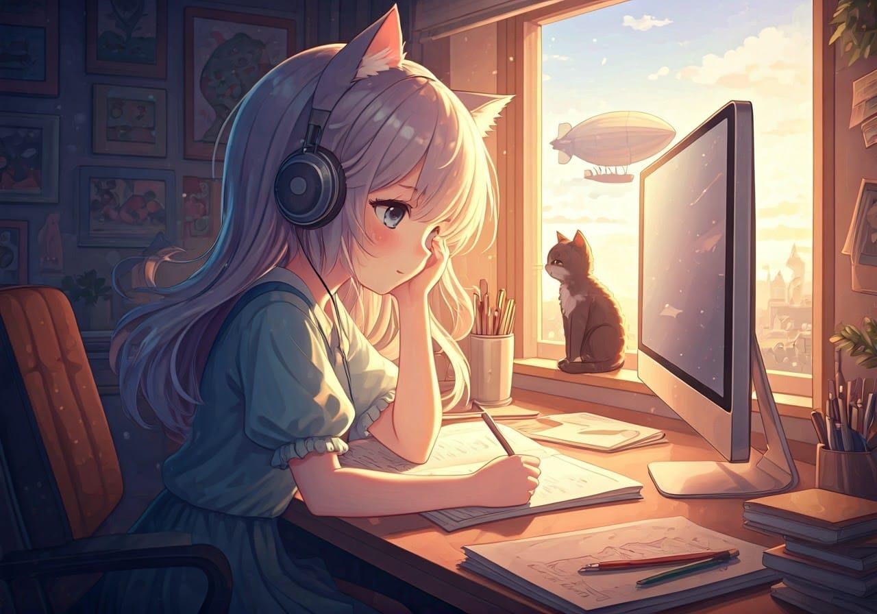 Cute Catgirl Studying in Dreamlike Anime Style