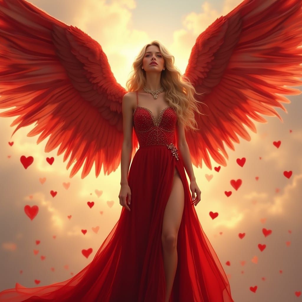 Hyperrealistic Celestial Woman in Red Evening Gown with Ange...