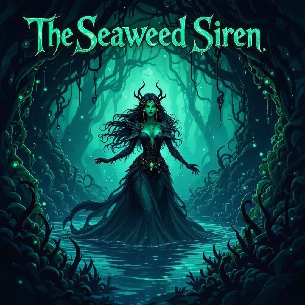 Seaweed Siren's Bioluminescent Lair in Dark Fantasy Style