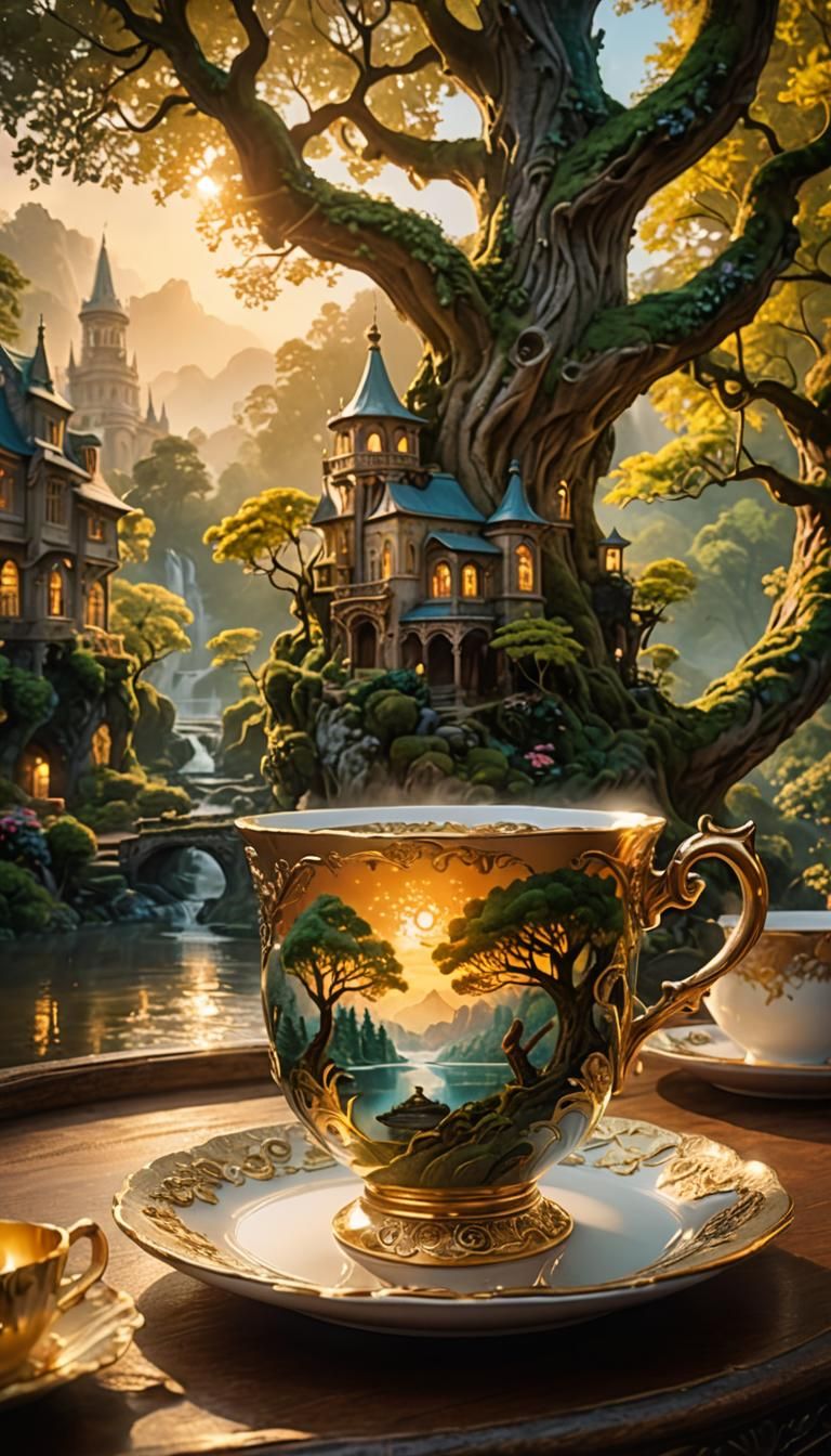 Fantasy World in Teacup: Hyperrealistic Concept Art