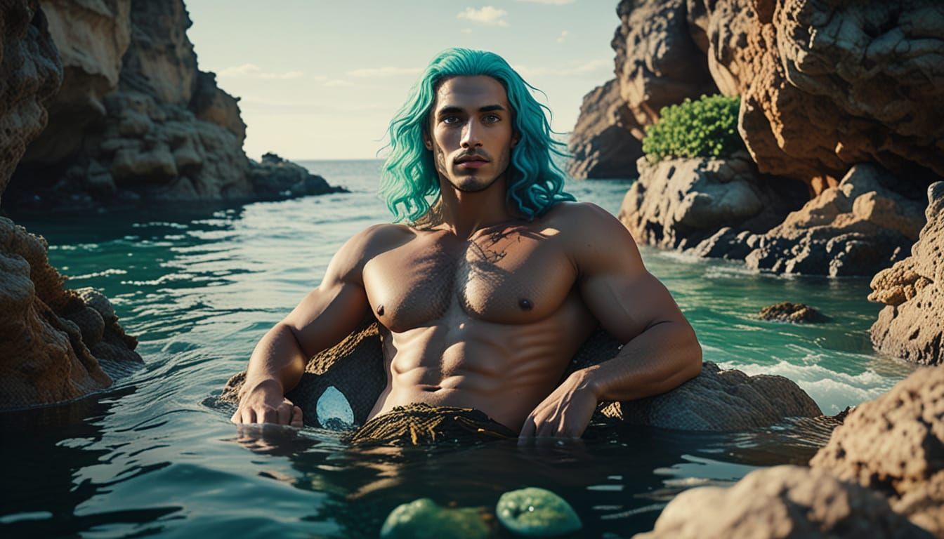Merman Lounging in Vibrant Coral Reef as Masterpiece
