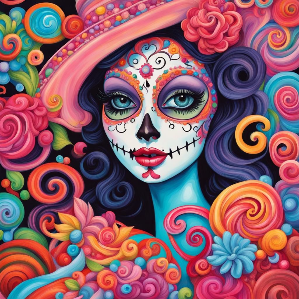 Vibrant Catrina in Candyland Gouache Wonderland