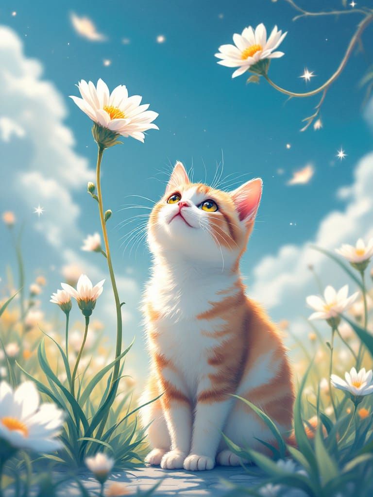 Adorable Kitten Amongst Flowers in Luminous Anime Style
