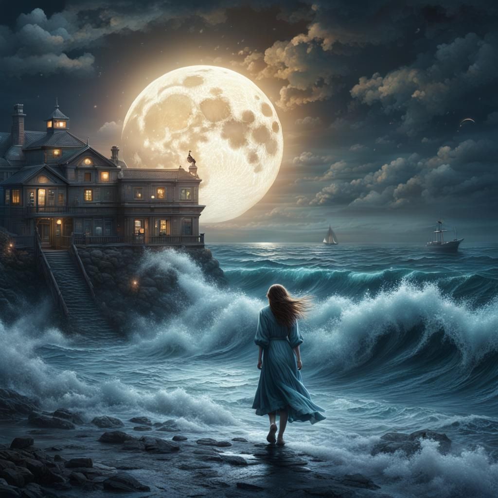 Epic Moonlit Road Scene with Girl