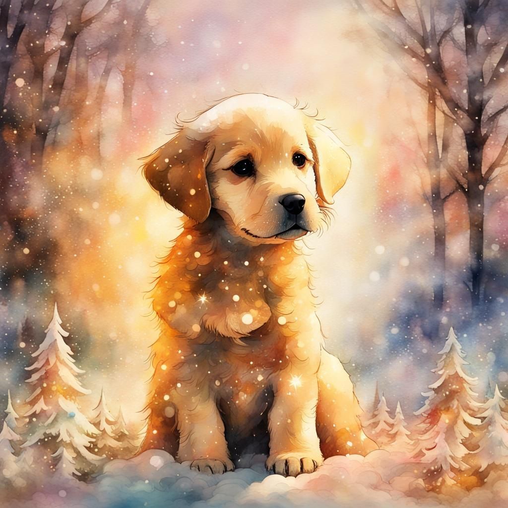 Christmas Puppy Silhouette in Watercolor Fairytale Style