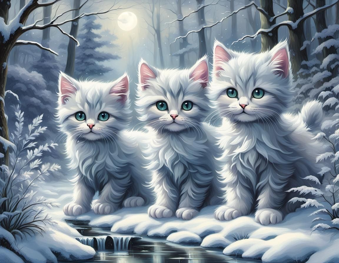 Kittens Explore Snowy Forest in Dreamy Style