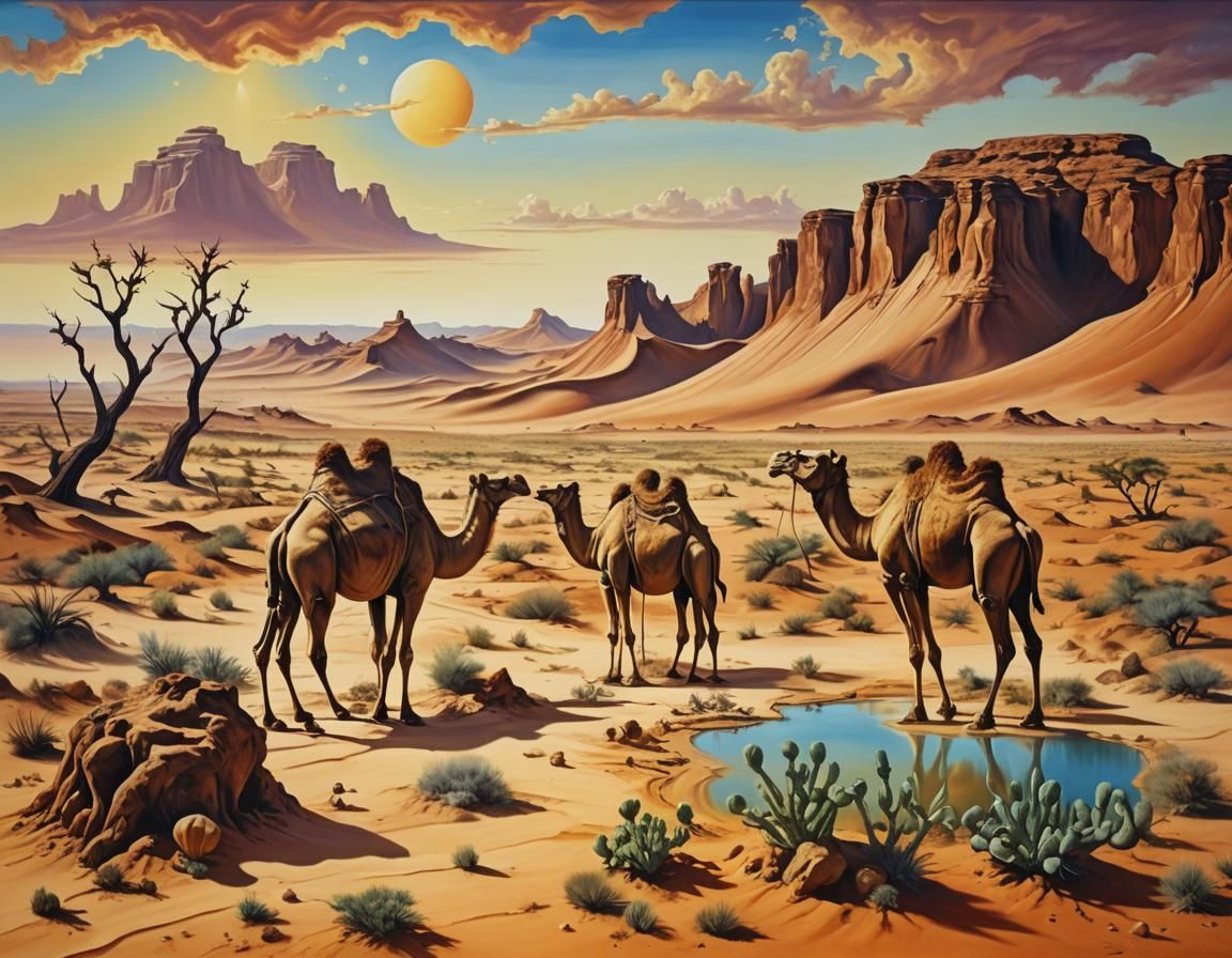 Surreal Sahara Desert Oasis with Camels, Dali-esque