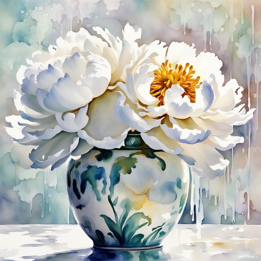White Peonies in Iridescent Vase, Digital Watercolor