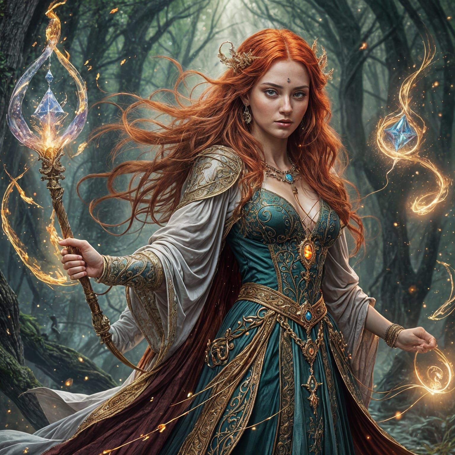 Enchanting Sorceress with Fiery Hair and Magic Aura