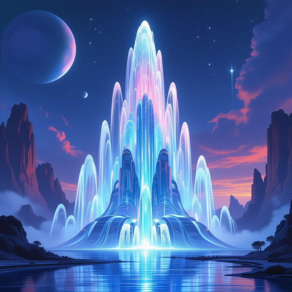 Luminous Water Fountain on Mystical Alien Planet