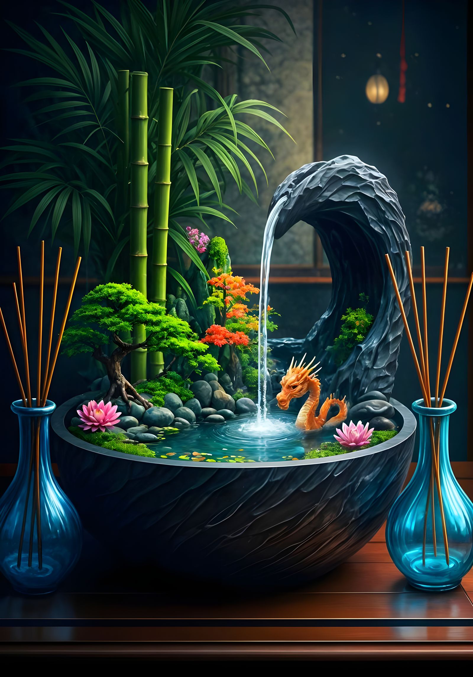 Fantasy Japanese Fountain with Dragon, Digital Painting
