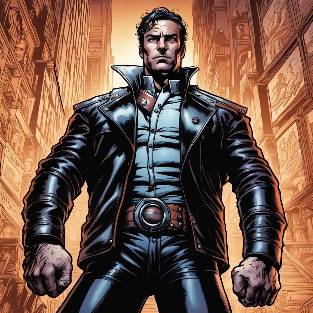 Leather-Clad Hero in Comic Book Art Style
