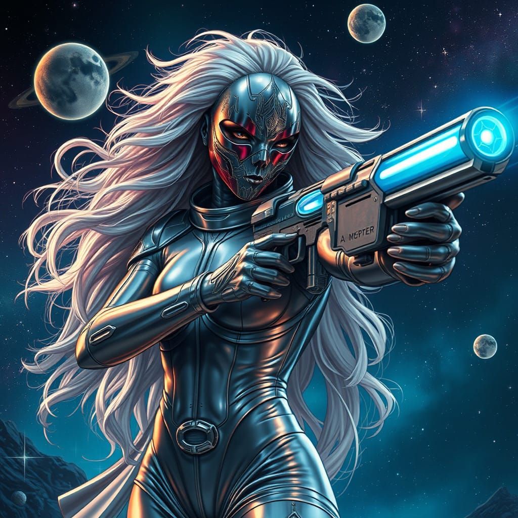 Regal Futuristic Space Queen with Shimmering Mask and Ray Gu...