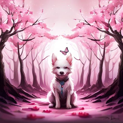 Chibi Dog with Butterfly and Cherry Blossoms