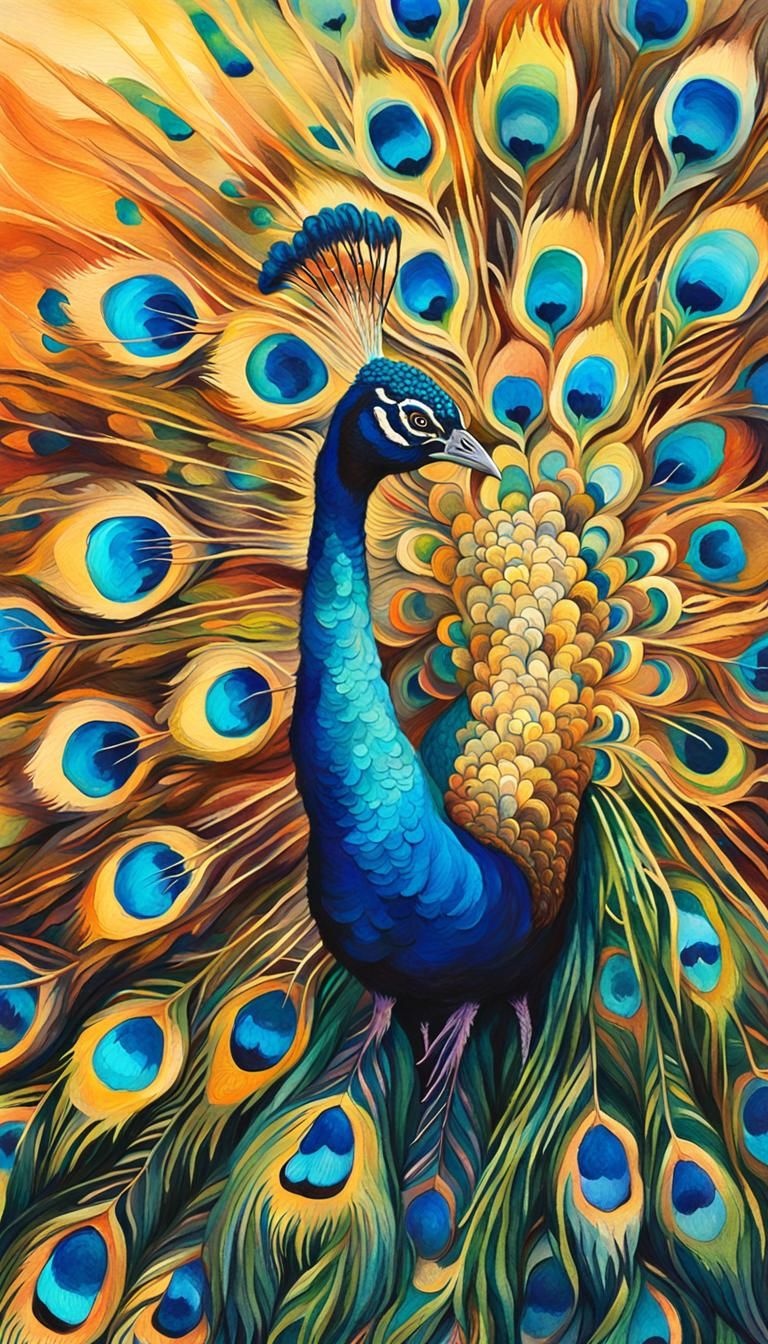 Alcohol inks, a peacock with his tail up