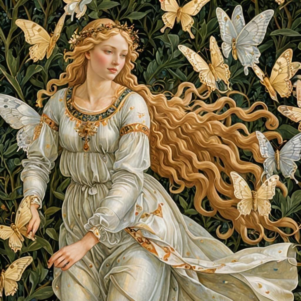 Botticelli-Inspired Woman with Butterflies and Halo