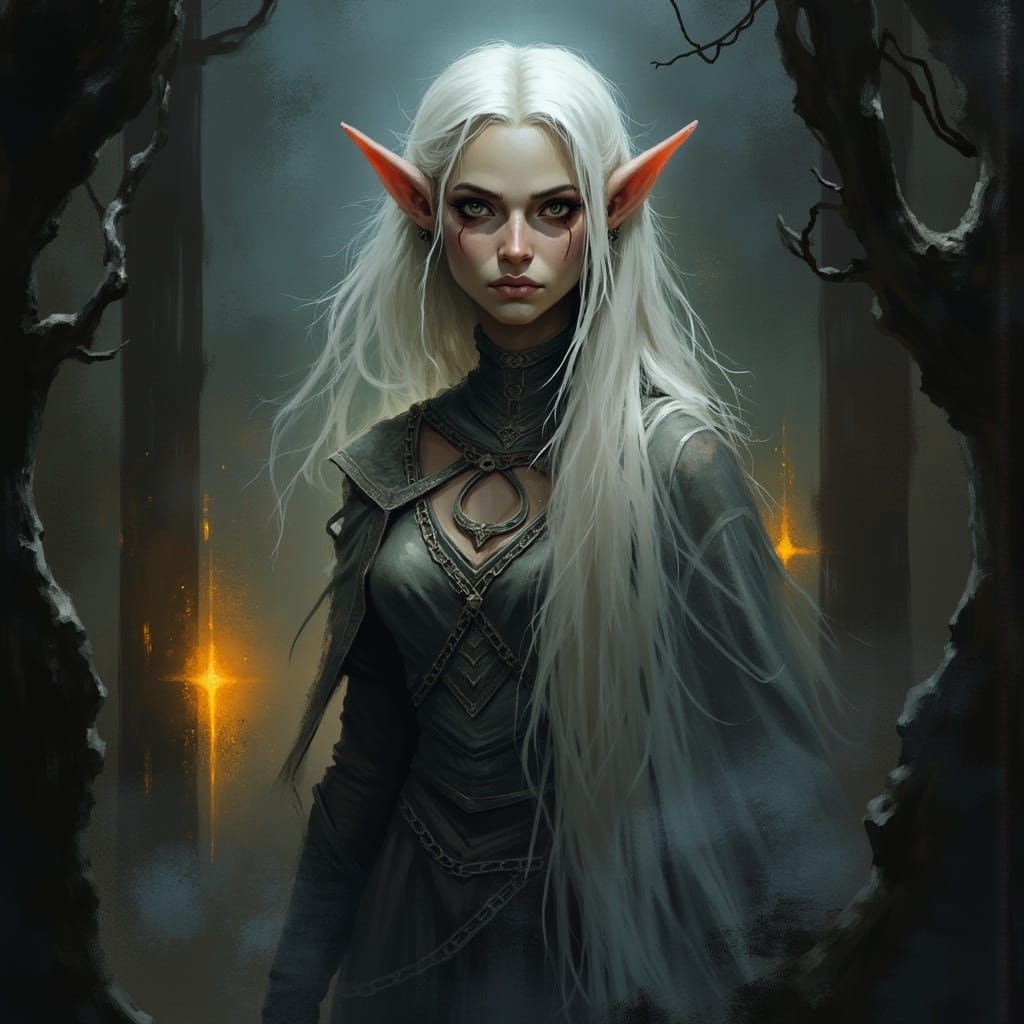 Mystical Elf with Piercing Gaze in Dark Fantasy Style