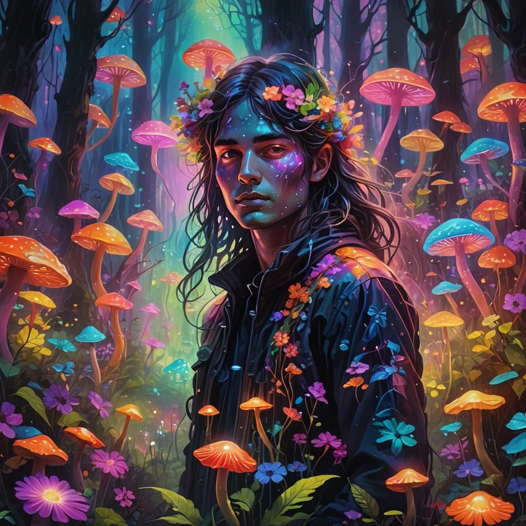 Neon Dreamscapes: Mystical Figure in Iridescent Forest