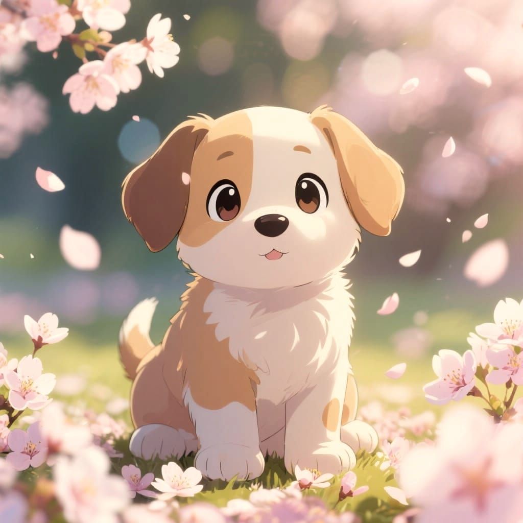 Cute Anime Puppy in Cherry Blossoms Illustration