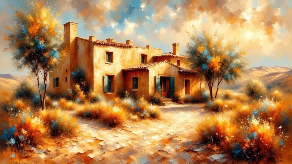 Neo-Impressionist Spanish Villa in Desert, Oil Painting