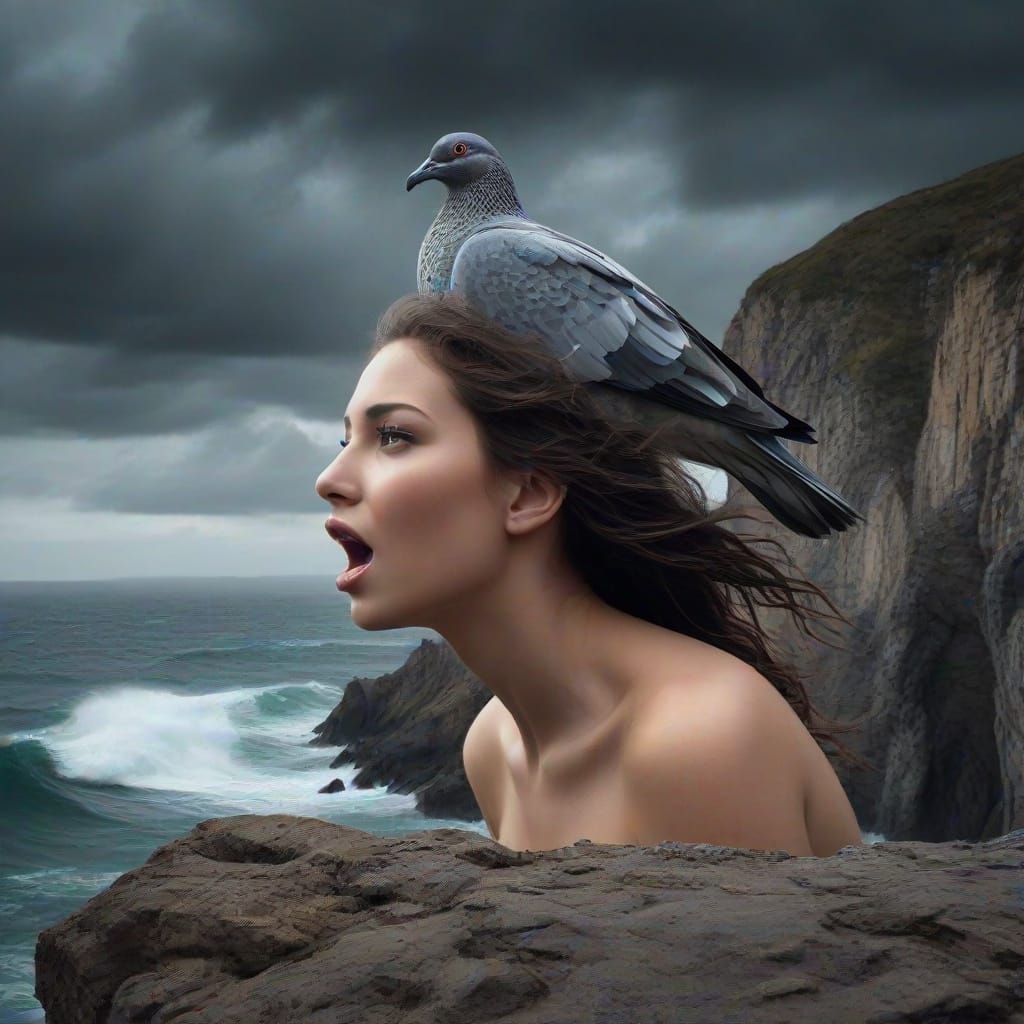 Hyperrealistic Siren Overlooking Stormy Sea