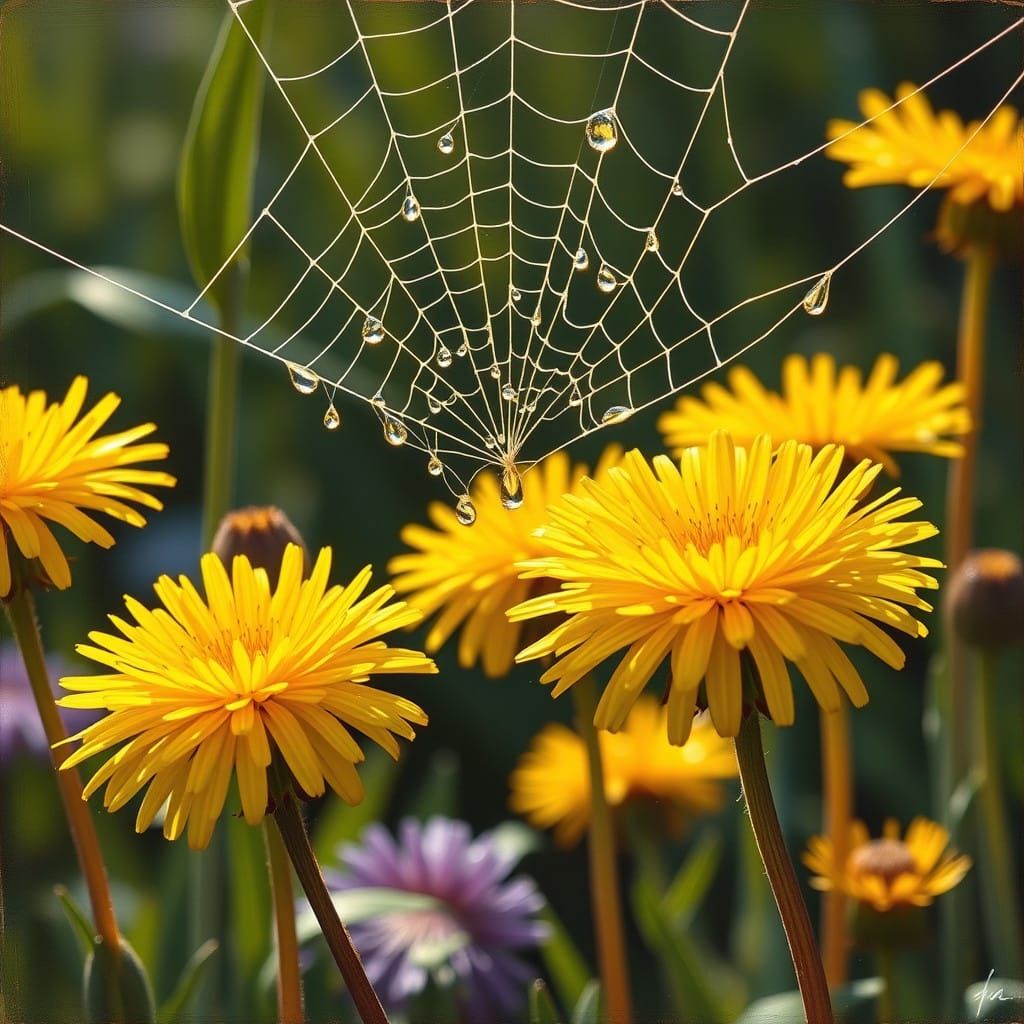 Morning Dew on Yellow Dandelions in an Enchanted Oil Paintin...