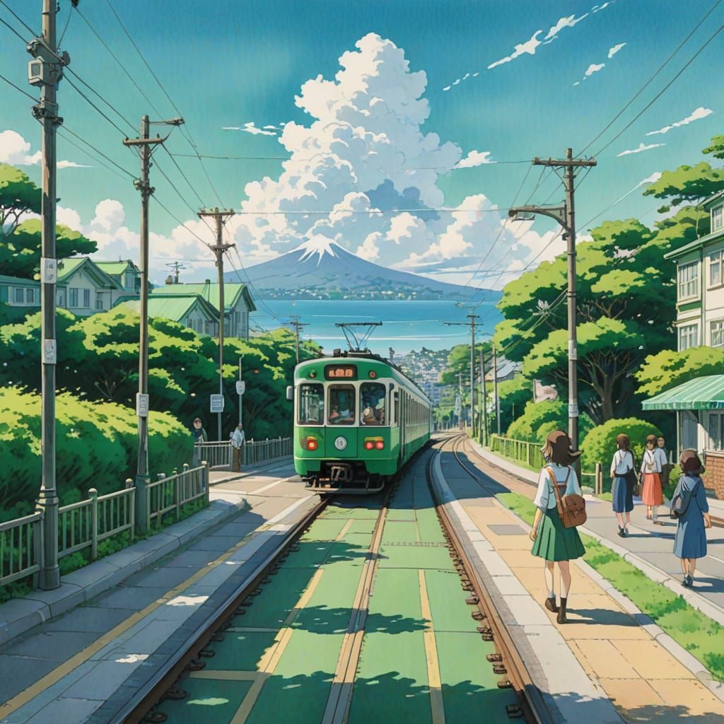 Ghibli-Style Girl at Kamakura Crossing with Enoden Train