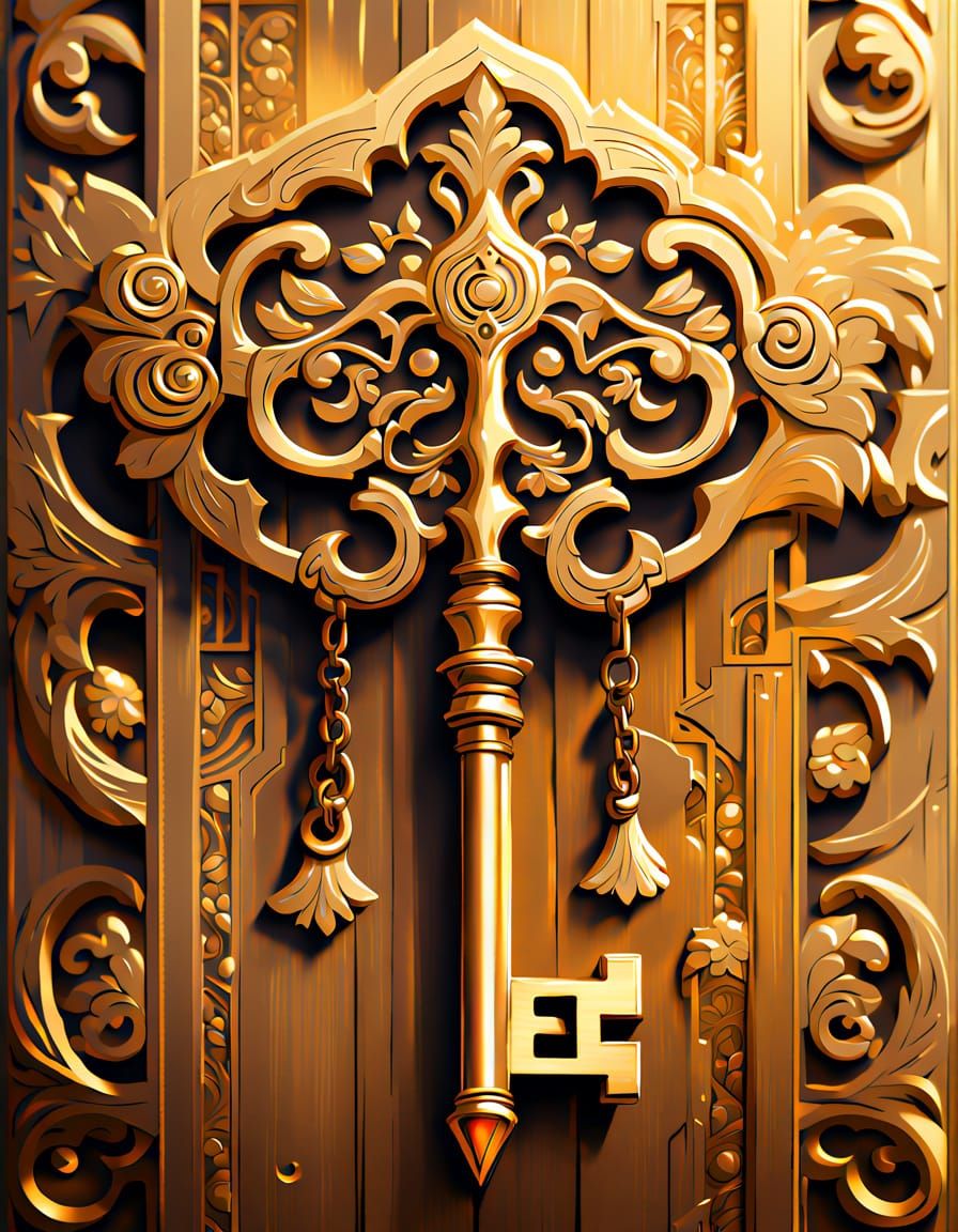 Detailed Anime Style Golden Key on Wooden Table