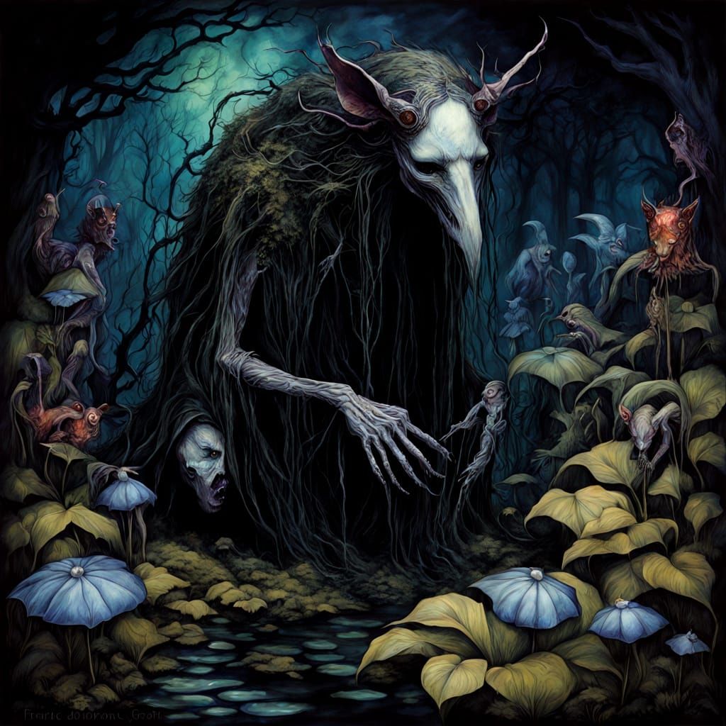 Eerie Creatures in Dark Fantasy Garden