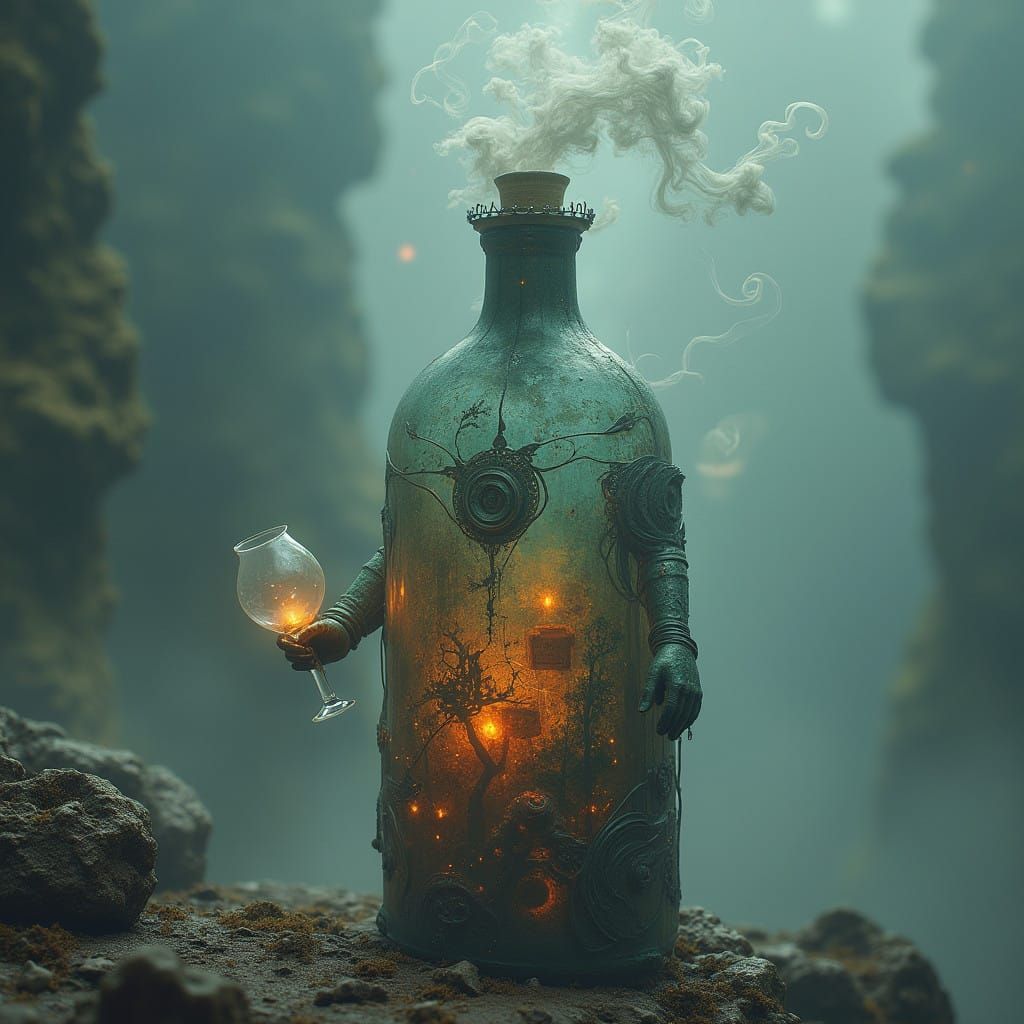 Heroic Figure in Ornate Glass Vessel