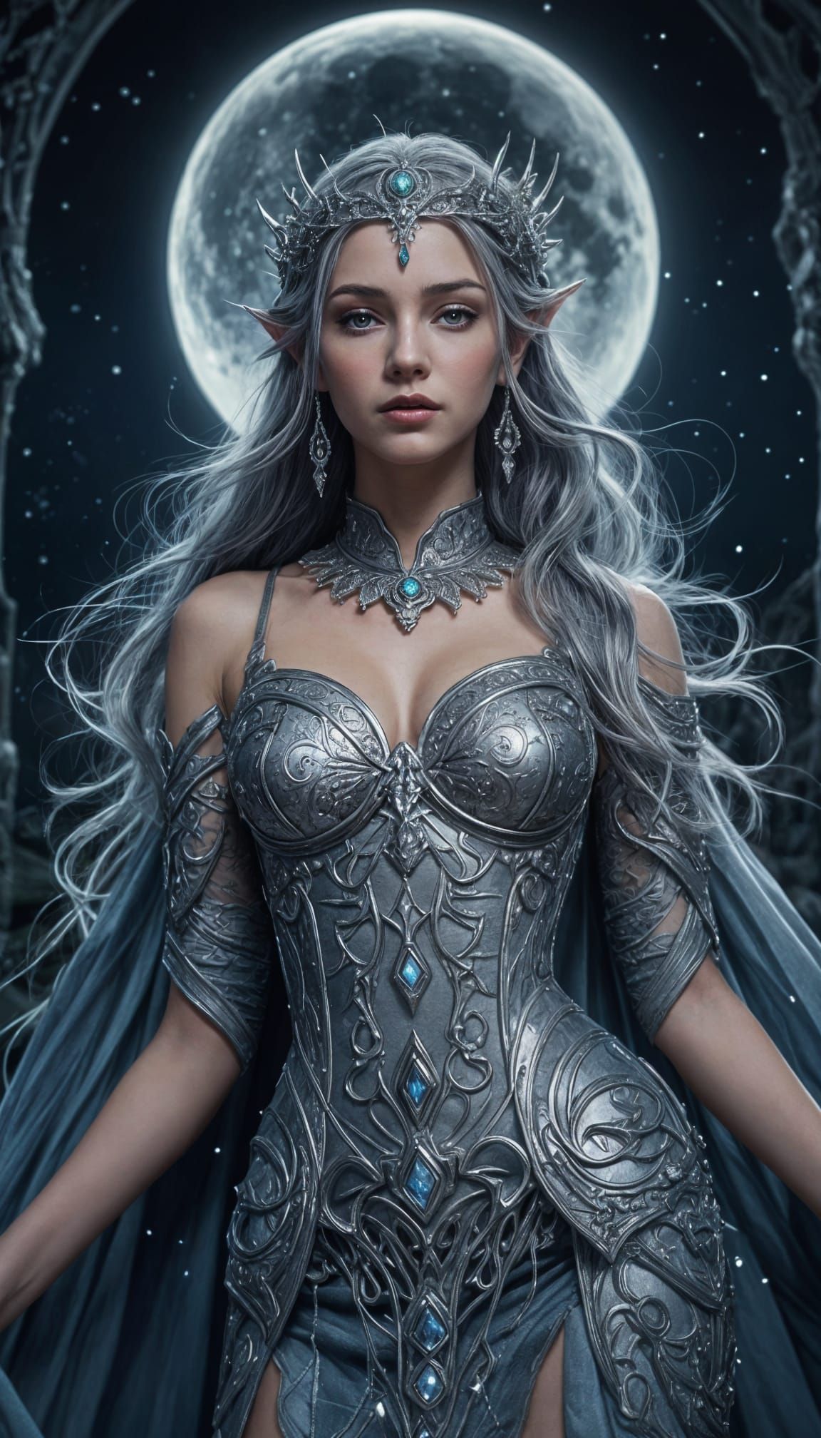 Ethereal Elven Goddess in Silver Regalia beneath a Celestial...