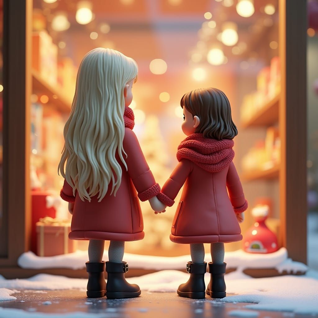 Fondant Sisters Admire Toy Store Window in Winter