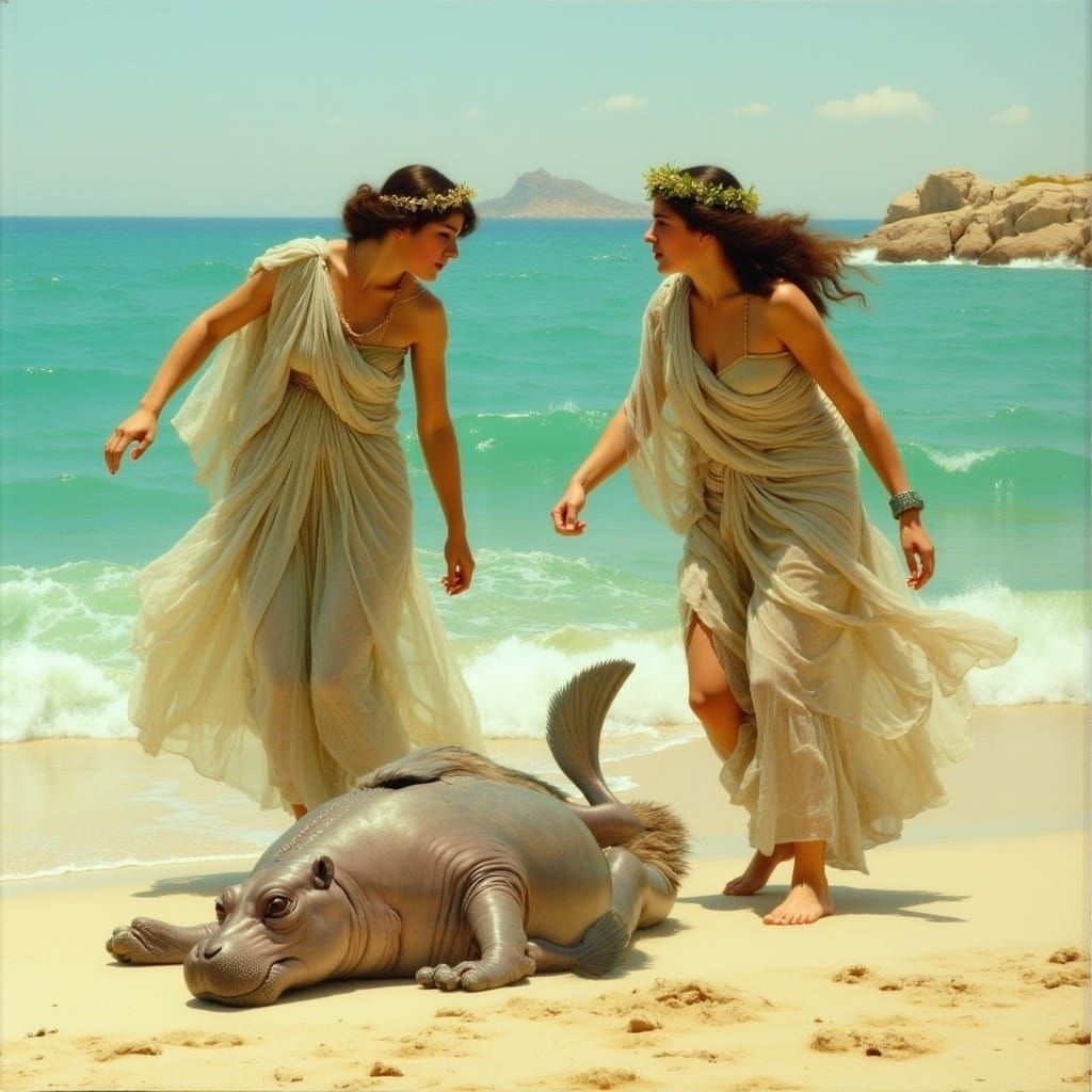 Ancient Greek Women Aid Winged Hippocampus