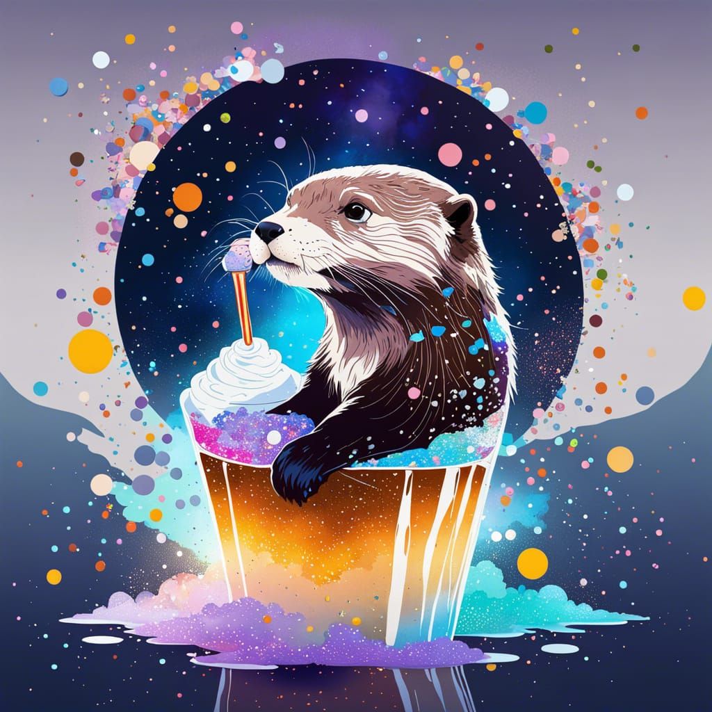 Cosmic Otter Enjoying Root Beer Float, Digital Art