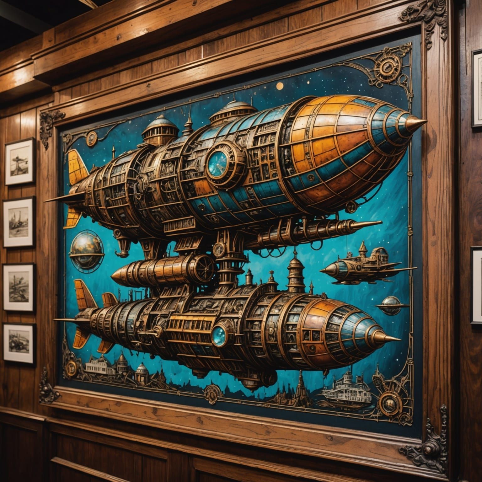 Steampunk Spaceships Woodcut Print in Photographic Style
