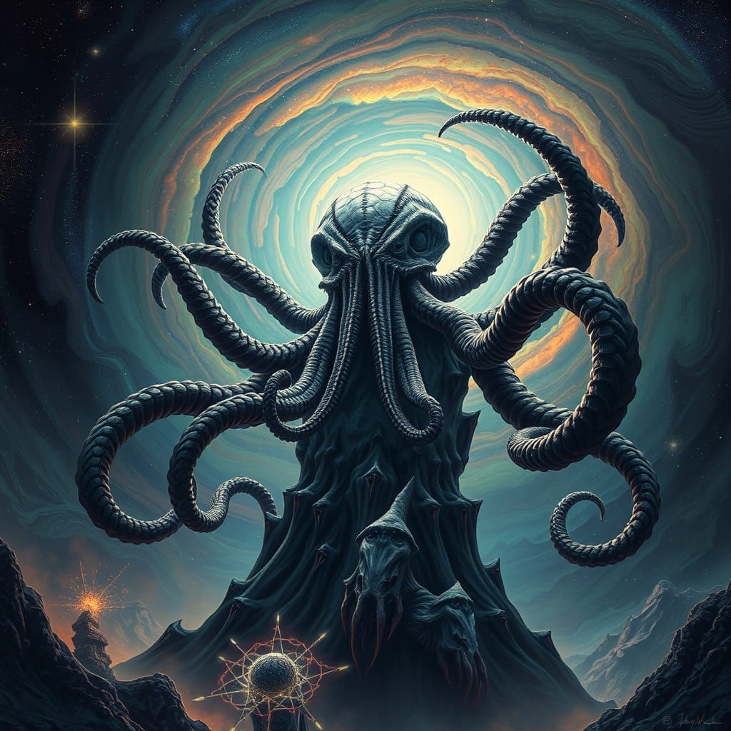 Cosmic Elder Rises from Vortex in Dark, Psychedelic Scene