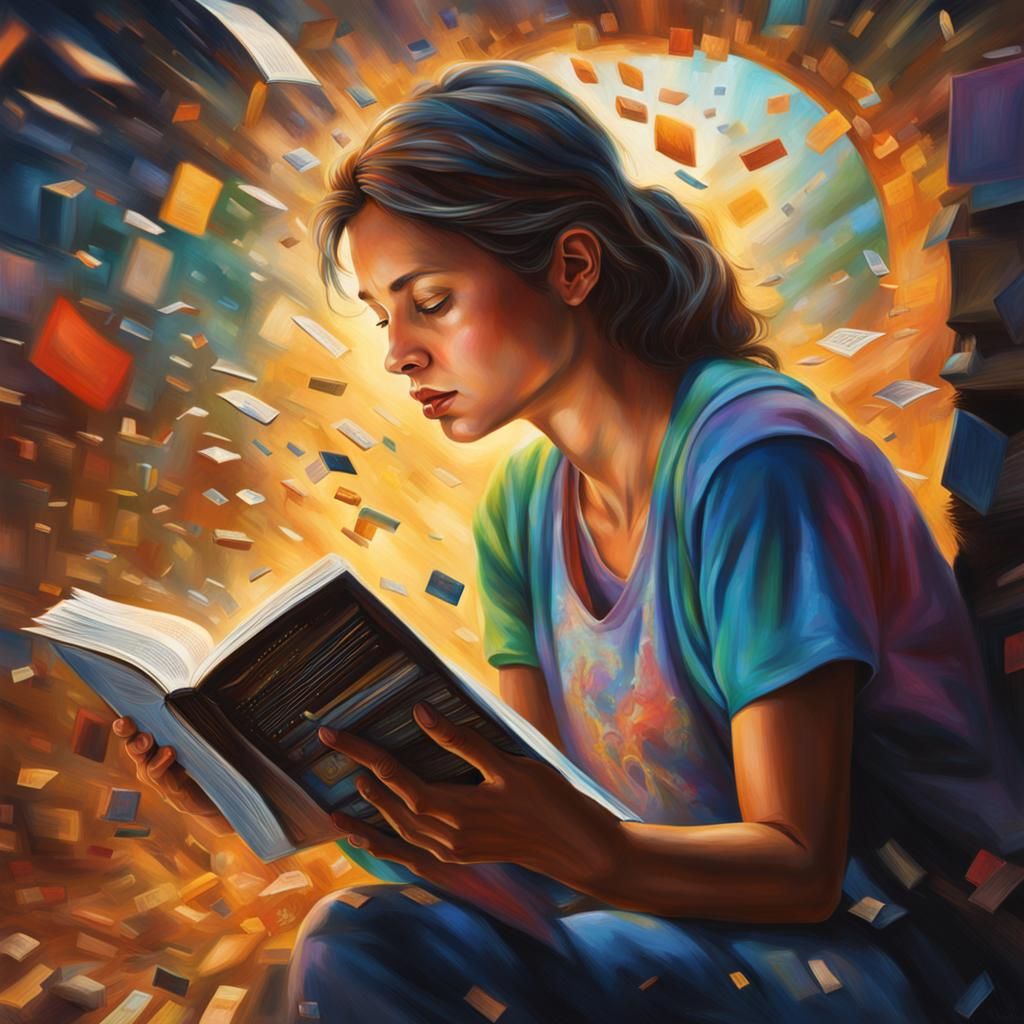 Woman Reading: Hyperrealistic Splash Art Concept