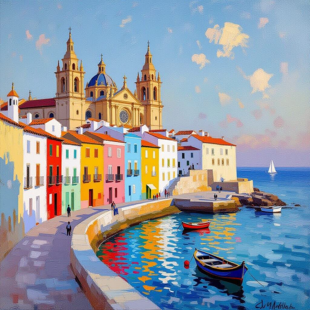 Andalusian Seafront in Impressionist Surrealist Style