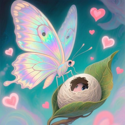 Dreamy Butterfly Gazes at Cocoon in Whimsical Style