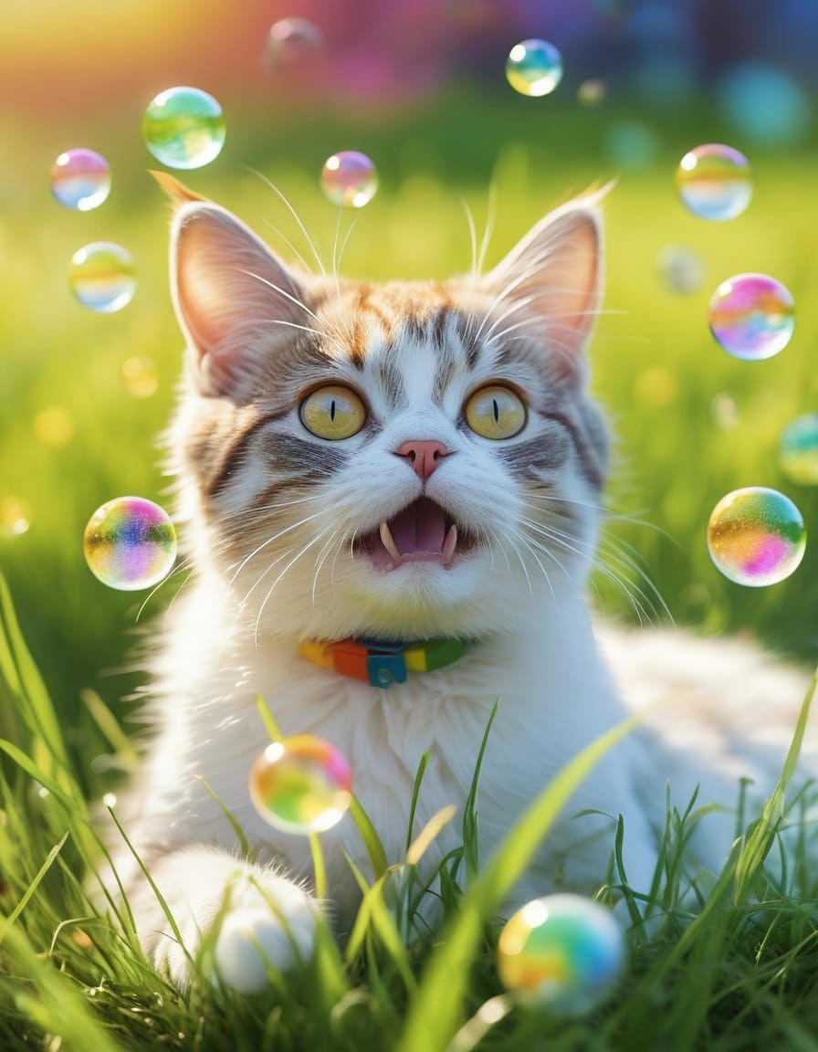 Playful Pets Discover Rainbow Bubbles in Oil Painting