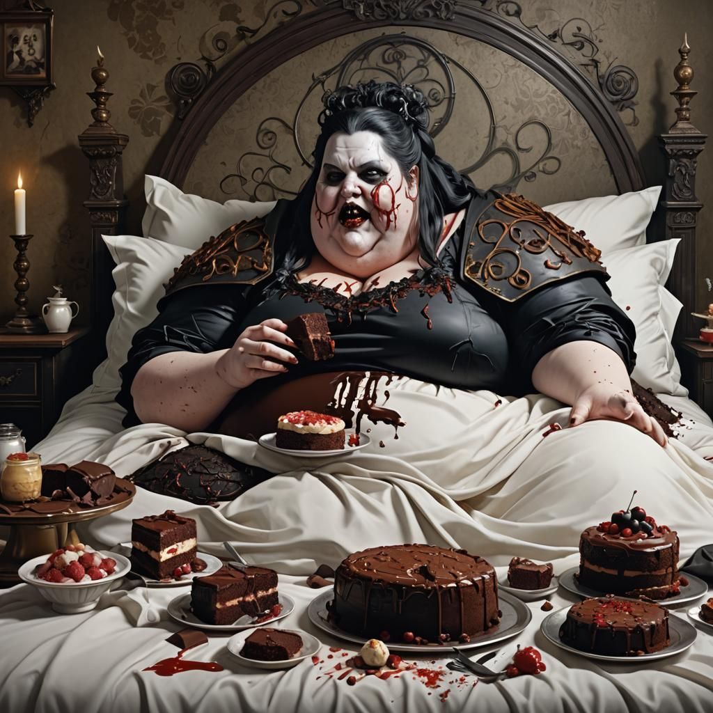 Gothic Woman Eating Cake: Detailed Matte Painting