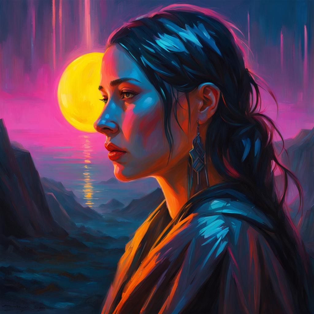 Priestess Gazing at Moonlight in Cyberpunk Oil Painting