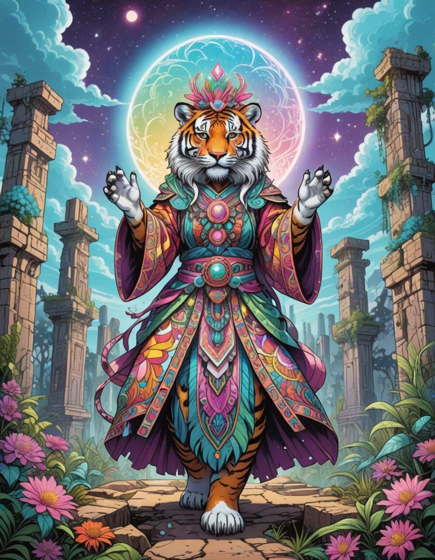 Mystical Tiger Shaman in Vibrant Ruins
