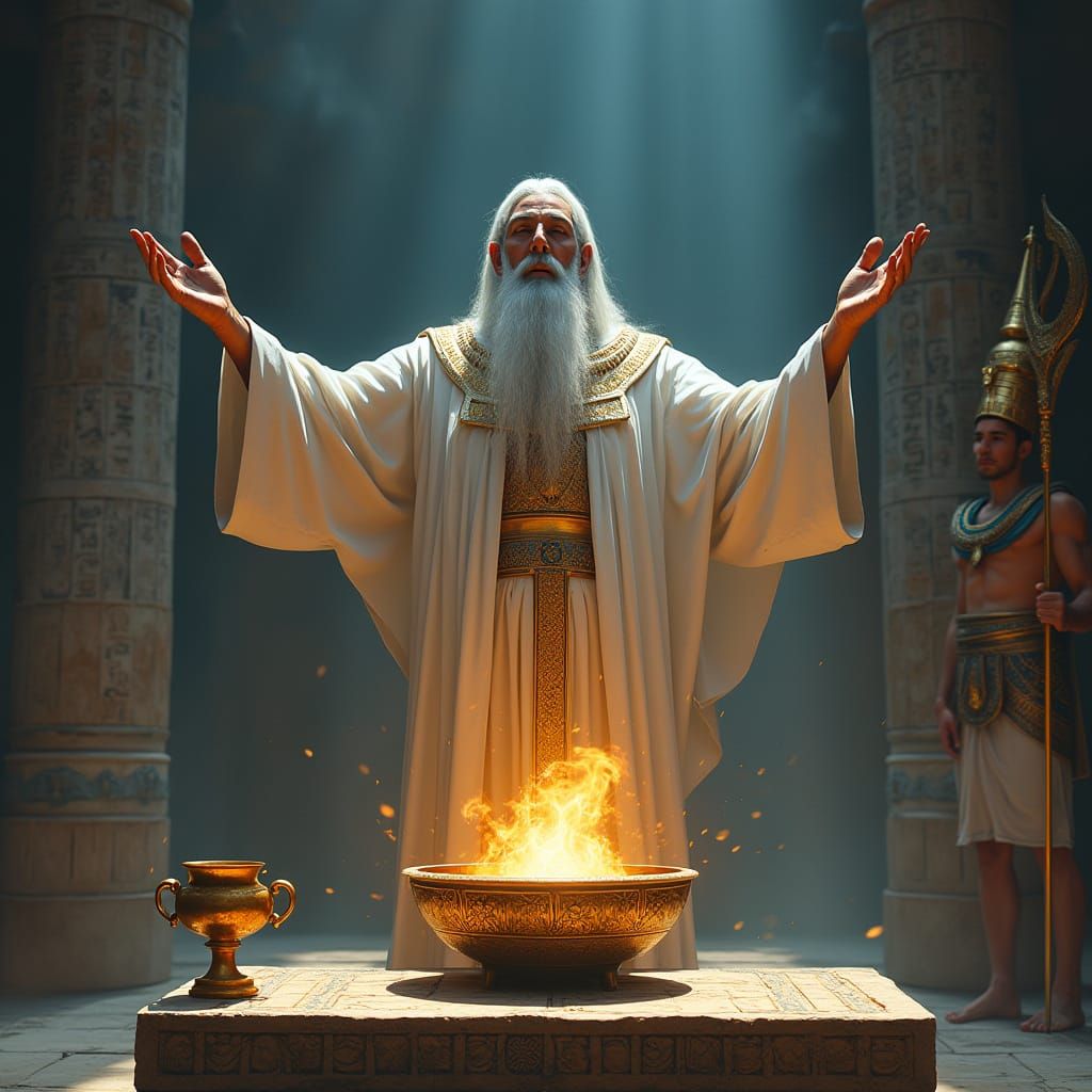 Egyptian High Priest at Altar in Matte Painting Style