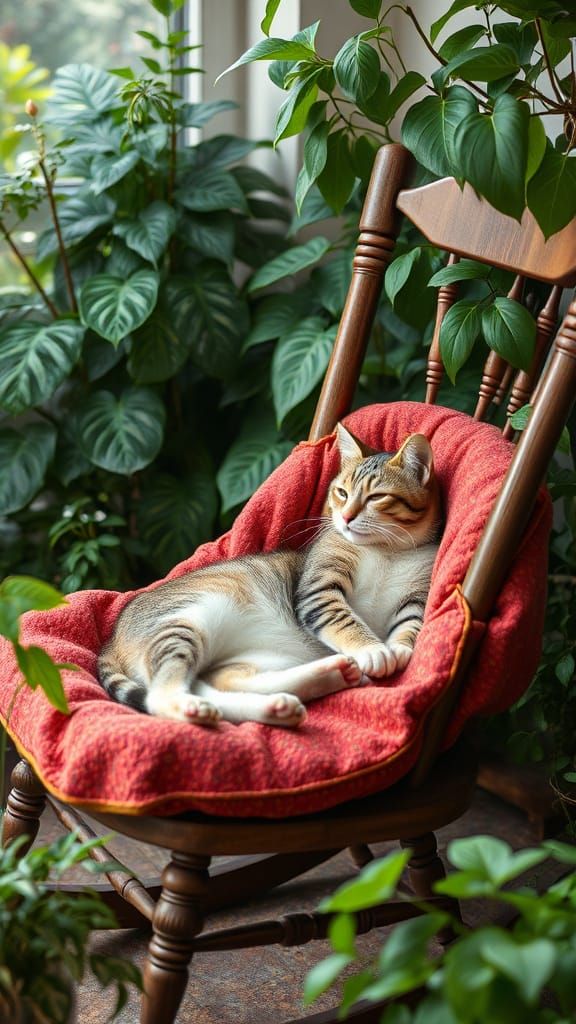 Cat Napping in Plant-Covered Rocking Chair