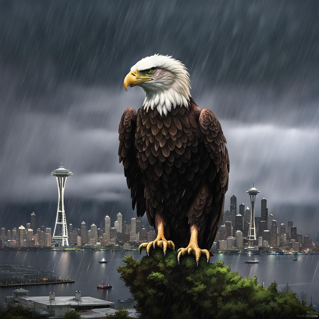 Eagle Over Seahawks in Rainy Dark Fantasy Style