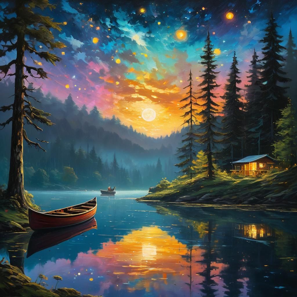 Lake Reflects Starry Sky in Oil Painting