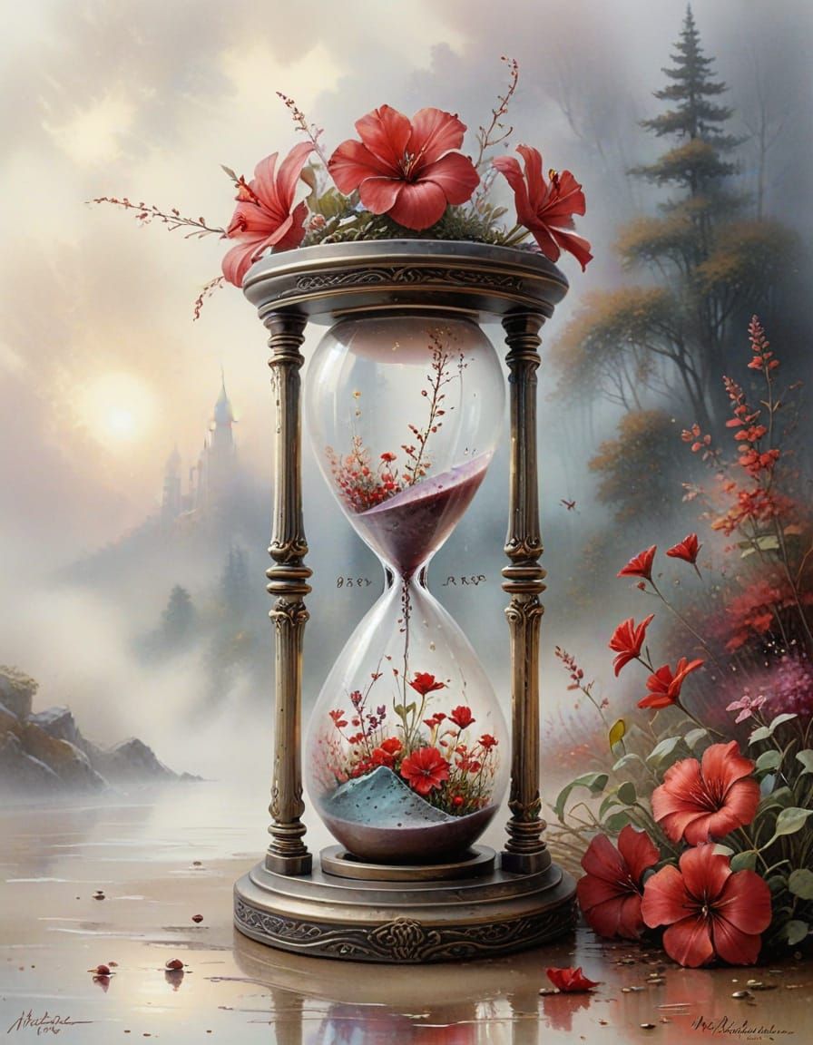 Antique Hourglass with Red Flowers in Soft Watercolour