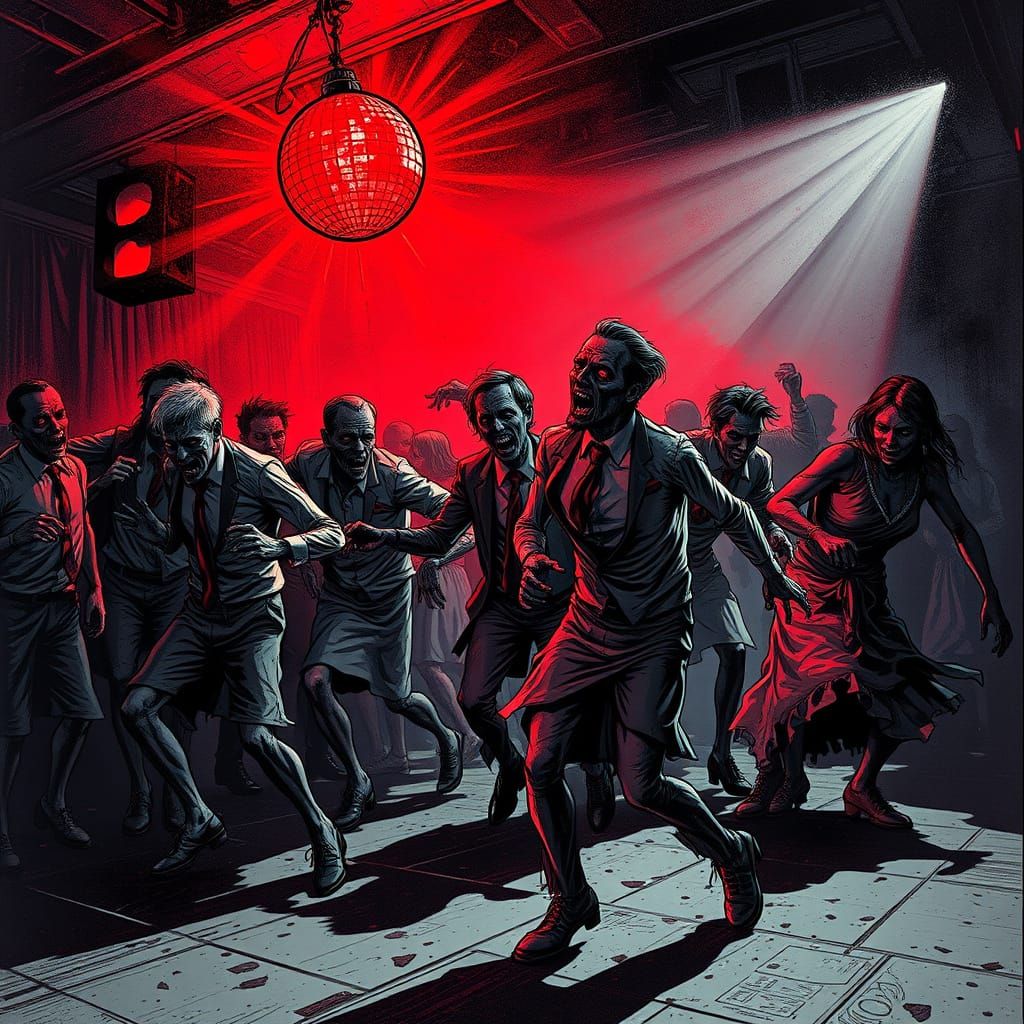 Zombies Dance Under Red Disco Ball in Comic Style